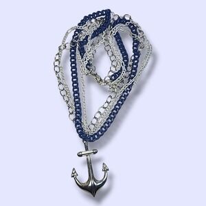 Vintage‎ Rhinestone Anchor Pendant Blue & White Enamel Chain Necklace 18"-20"